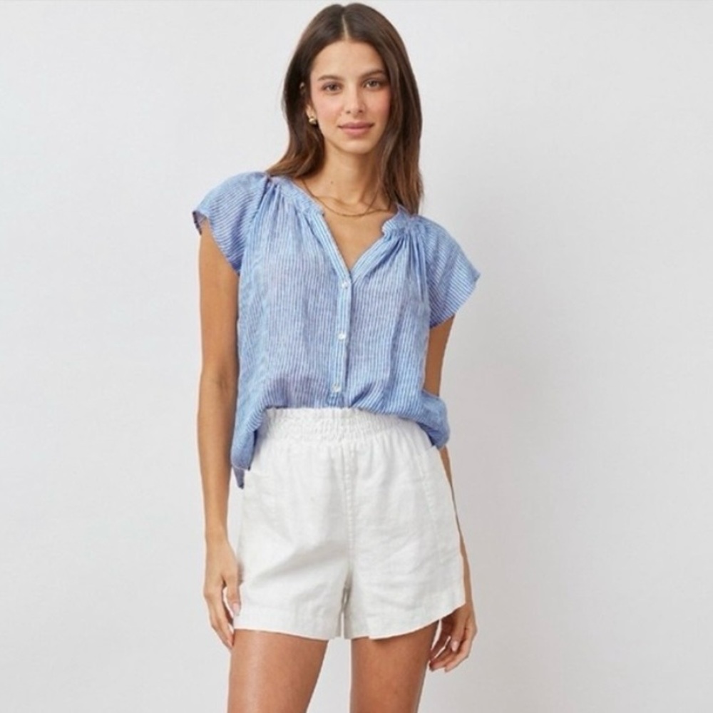 Rails Alena Linen Blue And White Striped Flutter Sleeve Button Up Blouse Large